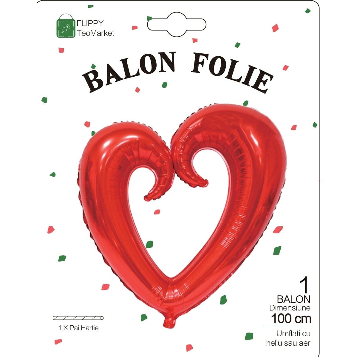 Balon din Folie Metalizata, Flippy, Figurina Inima Gigantica, Tema Ziua Indragostitilor, 100 cm, Ambalaj Individual, Pai Inclus, Umflare cu Aer sau Heliu, Rosu [4]