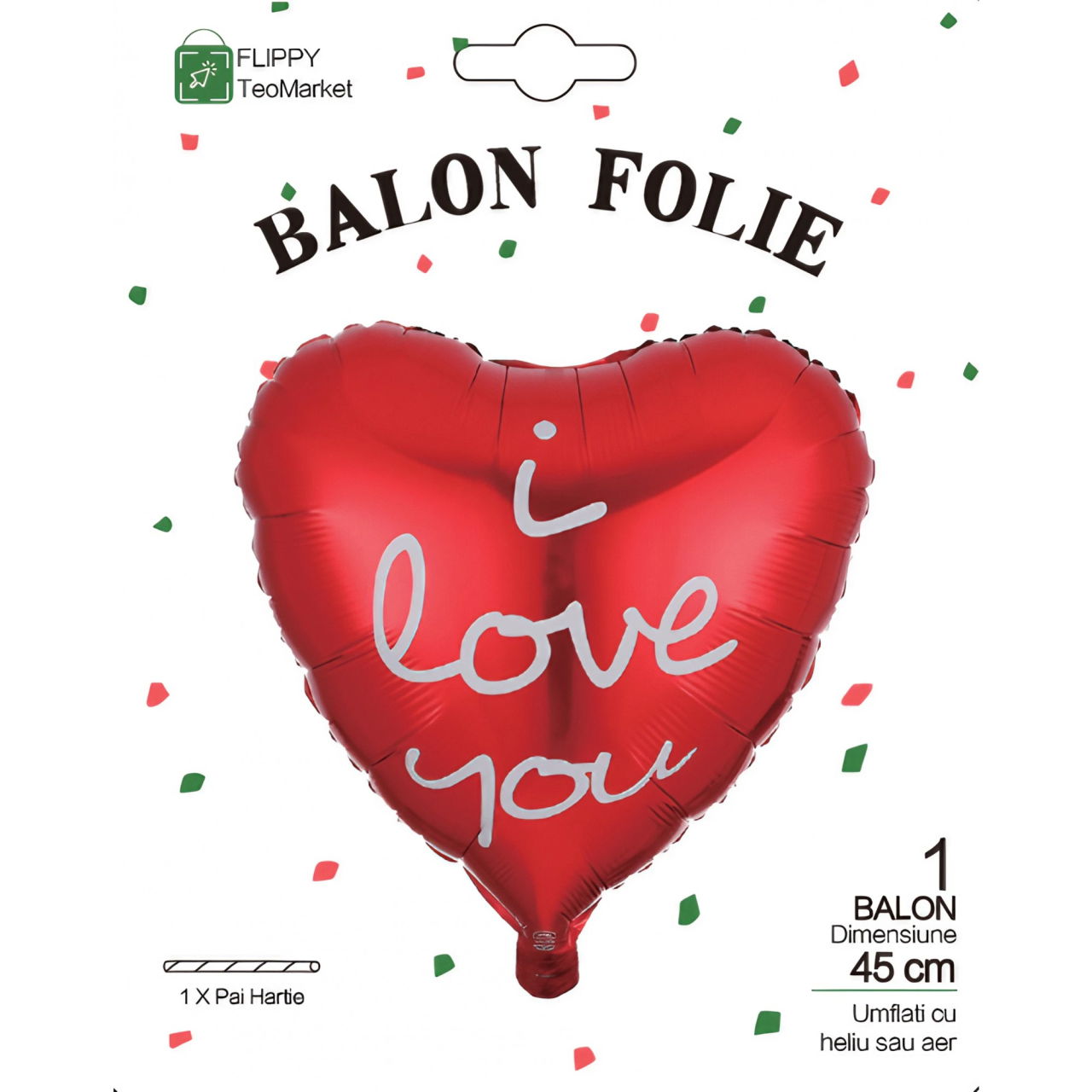 Balon din Folie Metalizata, Flippy, Figurina Inima, Model I Love You Scris de Mana, Tema Ziua Indragostitilor, 45 cm, Ambalaj Individual, Pai Inclus, Umflare cu Aer sau Heliu, Rosu [3]