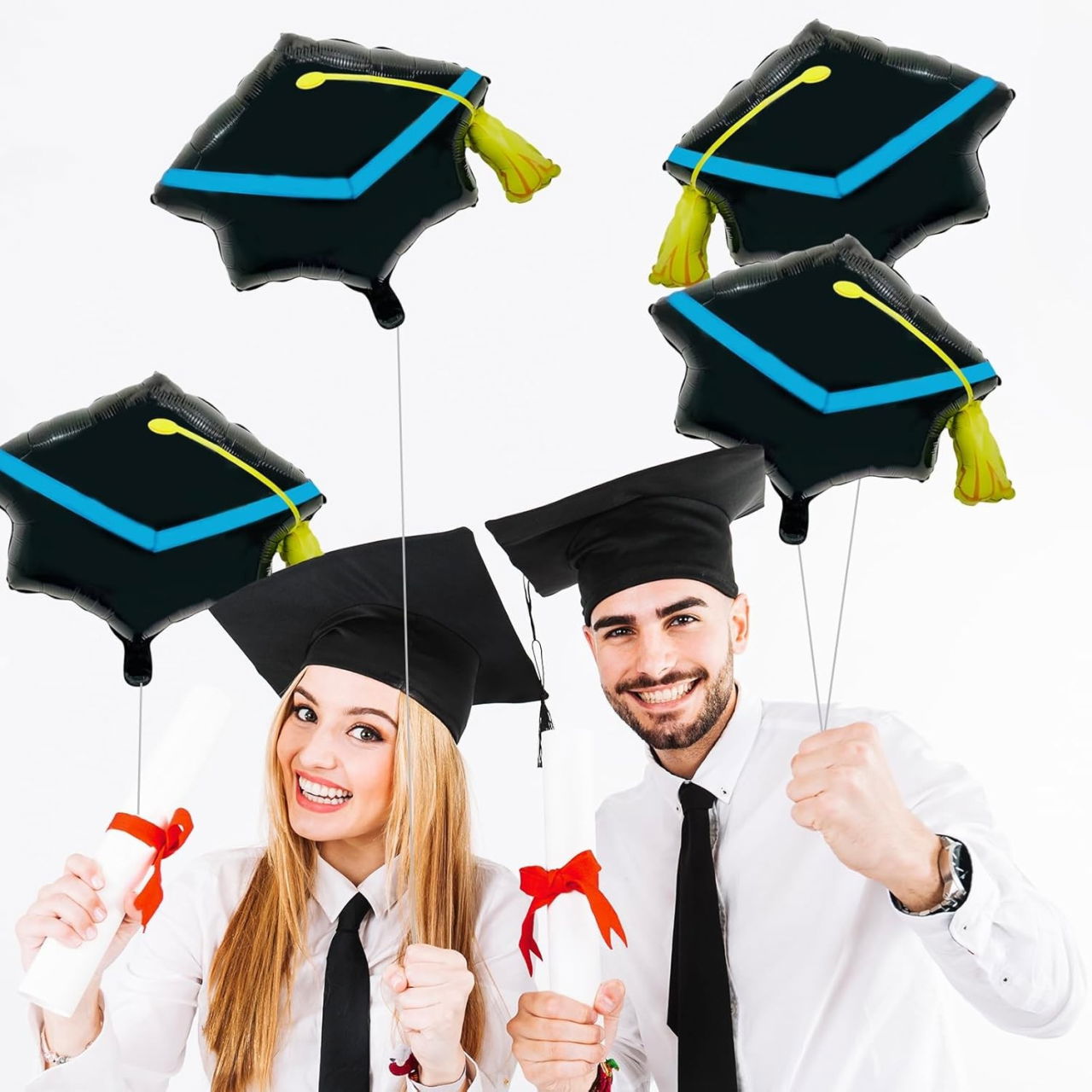 Balon din Folie Metalizata, Flippy, Figurina, Model Toca Congrats Grad, Tematica Absolvire, 56x70 cm, Ambalaj Individual, Pai Inclus, Umflare cu Aer sau Heliu, Negru-Albastru [3]