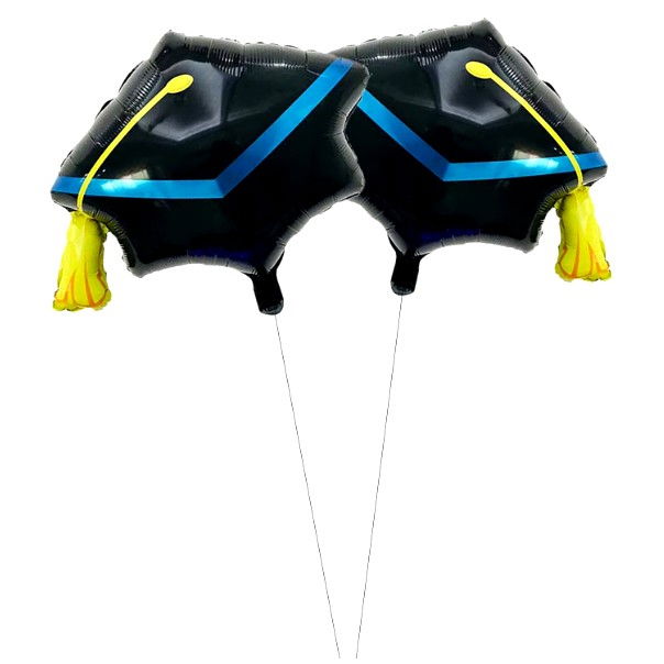 Balon din Folie Metalizata, Flippy, Figurina, Model Toca Congrats Grad, Tematica Absolvire, 56x70 cm, Ambalaj Individual, Pai Inclus, Umflare cu Aer sau Heliu, Negru-Albastru [2]