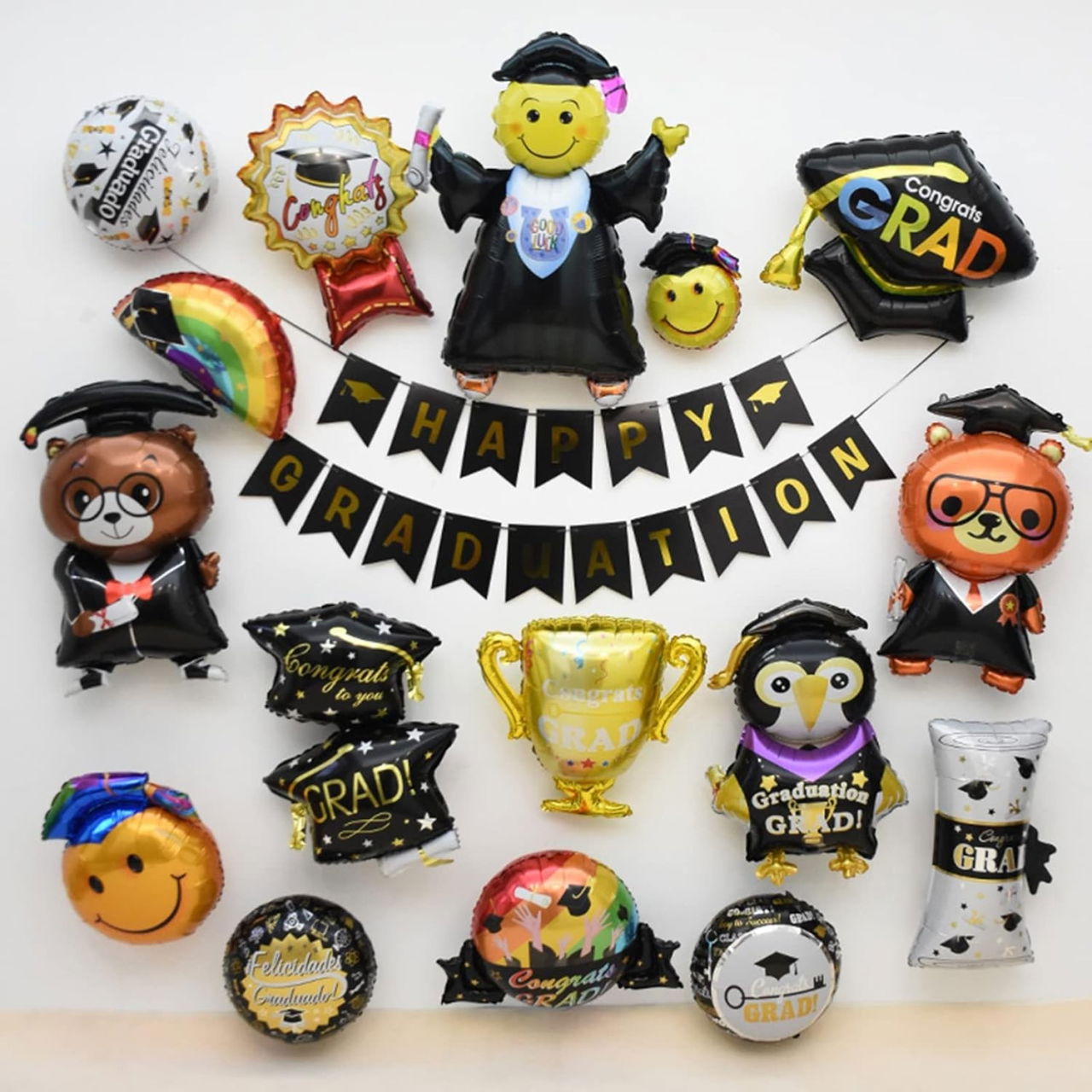 Balon din Folie Metalizata, Flippy, Figurina, Model Toca Congrats Grad, Tematica Absolvire,  66x66 cm, Ambalaj Individual, Pai Inclus, Umflare cu Aer sau Heliu, Negru [8]