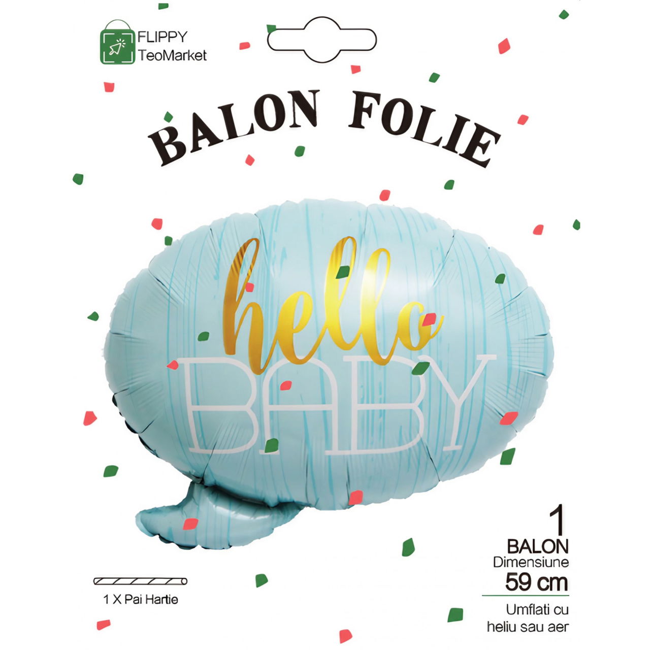 Balon din Folie Metalizata, Flippy, Figurina Norisor, Tema Hello Baby , 59x50 cm, Ambalaj Individual, Pai Inclus, Umflare cu Aer sau Heliu, Albastru [5]