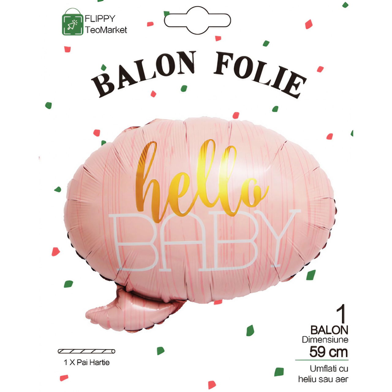 Balon din Folie Metalizata, Flippy, Figurina Norisor, Tema Hello Baby , 59x50 cm, Ambalaj Individual, Pai Inclus, Umflare cu Aer sau Heliu, Roz [6]