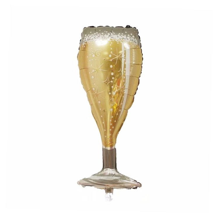 Balon din Folie Metalizata, Flippy, Figurina Pahar de Sampanie, Tema Aniversare, 100x40 cm, Ambalaj Individual, Pai Inclus, Umflare cu Aer sau Heliu, Auriu [1]