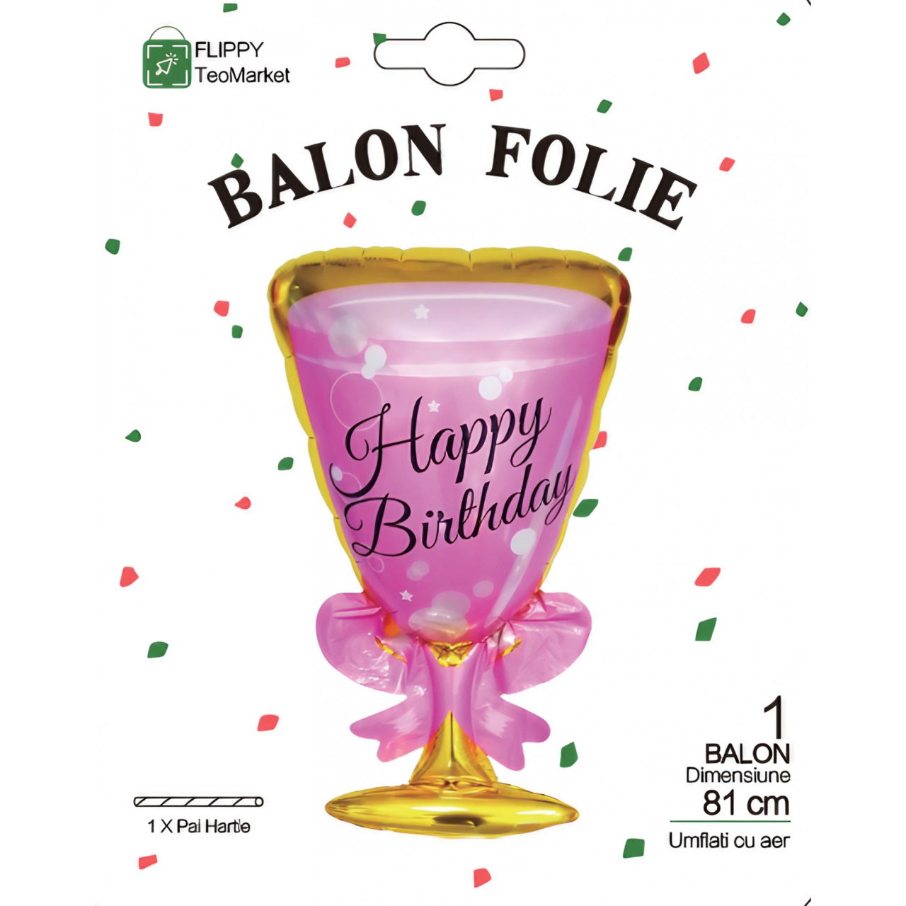 Balon din Folie Metalizata, Flippy, Figurina Pahar de Vin, Tema Aniversare, 93x48 cm, Ambalaj Individual, Pai Inclus, Umflare cu Aer sau Heliu, Roz [4]