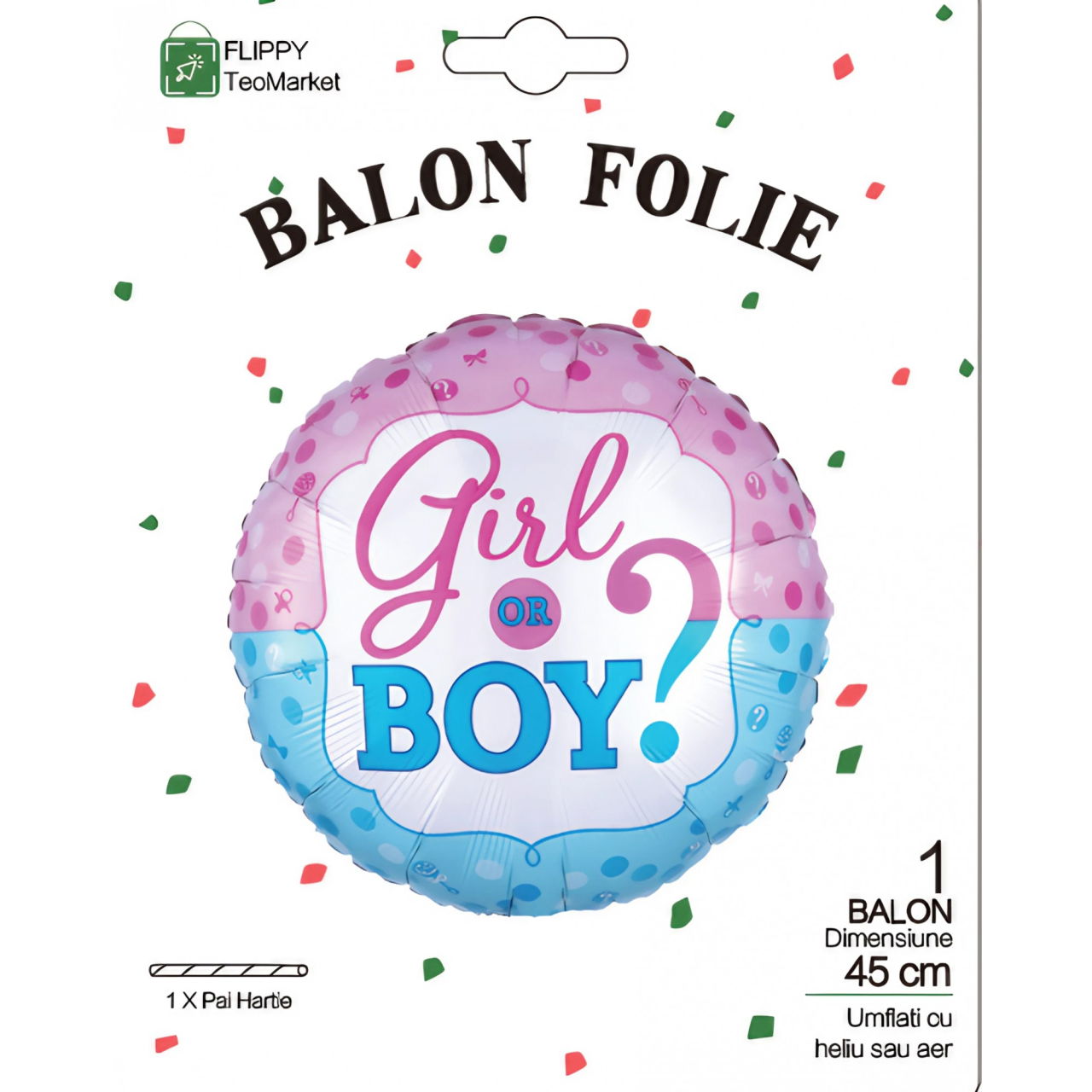 Balon din Folie Metalizata, Flippy, Figurina Rotunda, Model Girl or Boy, Tema Gender Reveal, 45 cm, Ambalaj Individual, Pai Inclus, Umflare cu Aer sau Heliu, Albastru/Roz [4]