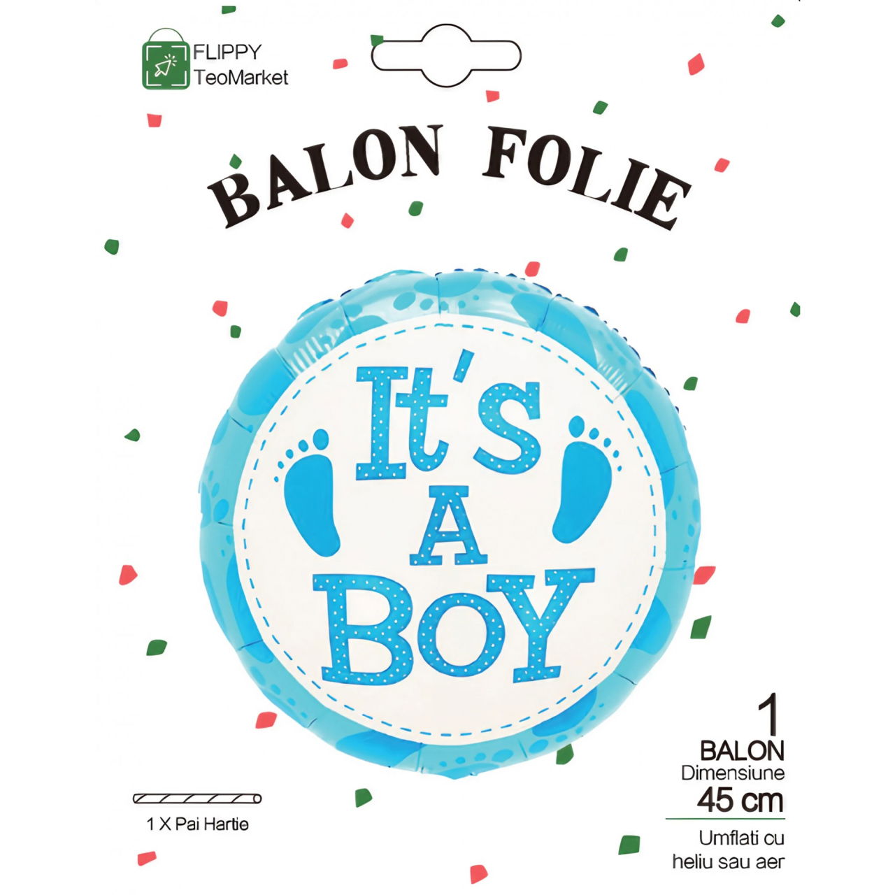 Balon din Folie Metalizata, Flippy, Figurina Rotunda, Model It's a Boy, Tema Gender Reveal, 45 cm, Ambalaj Individual, Pai Inclus, Umflare cu Aer sau Heliu, Albastru [4]
