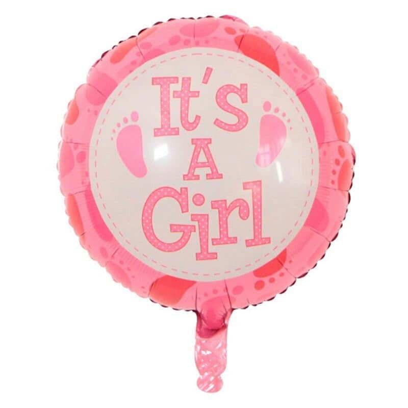 Balon din Folie Metalizata, Flippy, Figurina Rotunda, Model It's a Girl, Tema Gender Reveal, 45 cm, Ambalaj Individual, Pai Inclus, Umflare cu Aer sau Heliu, Roz [1]