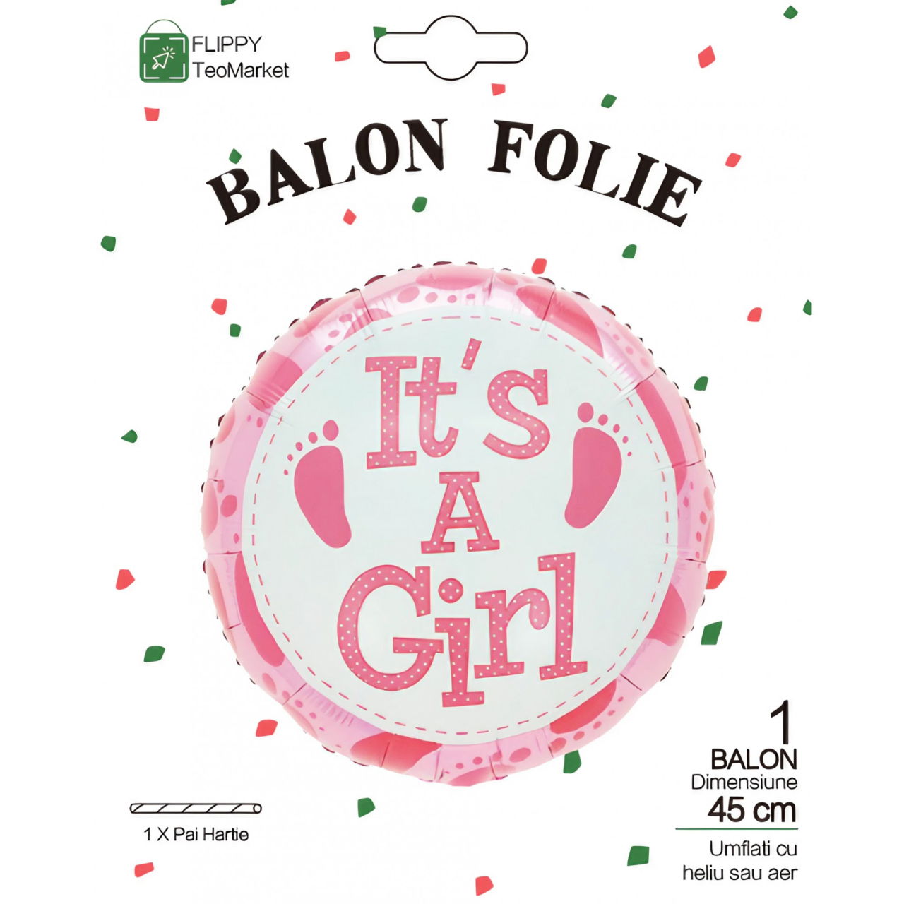Balon din Folie Metalizata, Flippy, Figurina Rotunda, Model It's a Girl, Tema Gender Reveal, 45 cm, Ambalaj Individual, Pai Inclus, Umflare cu Aer sau Heliu, Roz [4]