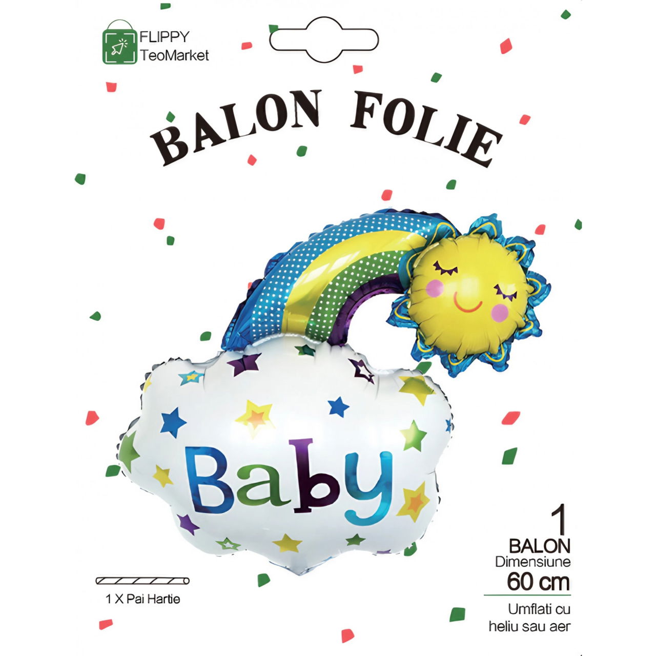 Balon din Folie Metalizata, Flippy, Figurina Soare si Nor, Tema Botez, 60x53 cm, Ambalaj Individual, Pai Inclus, Umflare cu Aer sau Heliu, Albastru [5]