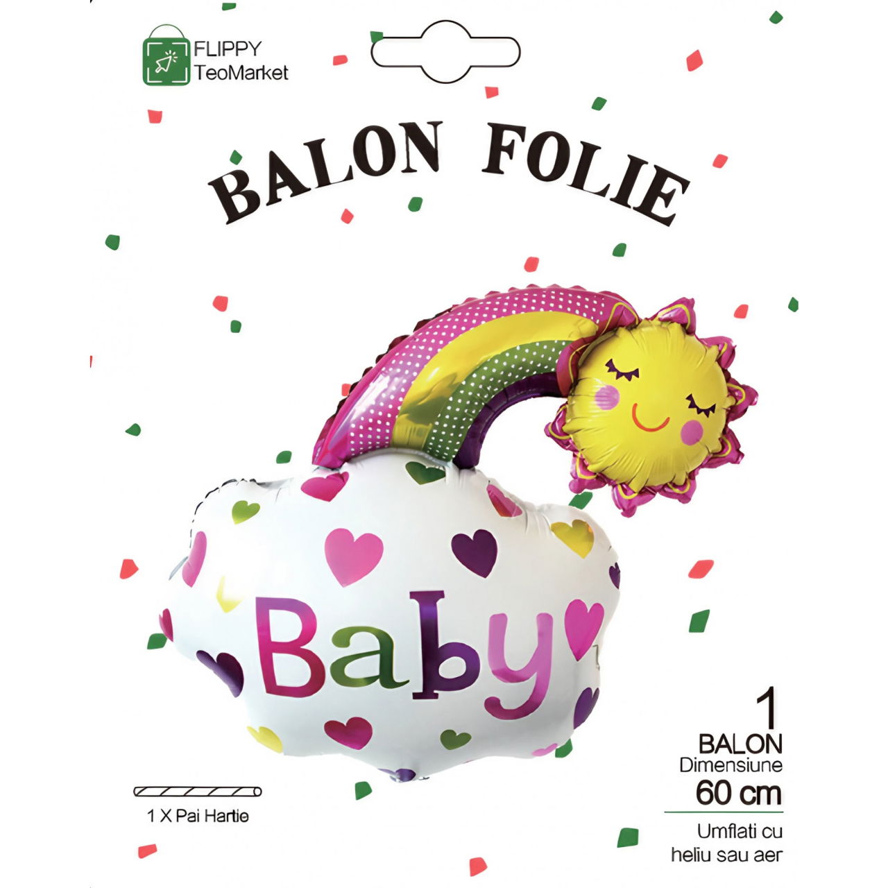 Balon din Folie Metalizata, Flippy, Figurina Soare si Nor, Tema Botez, 60x53 cm, Ambalaj Individual, Pai Inclus, Umflare cu Aer sau Heliu, Roz [7]