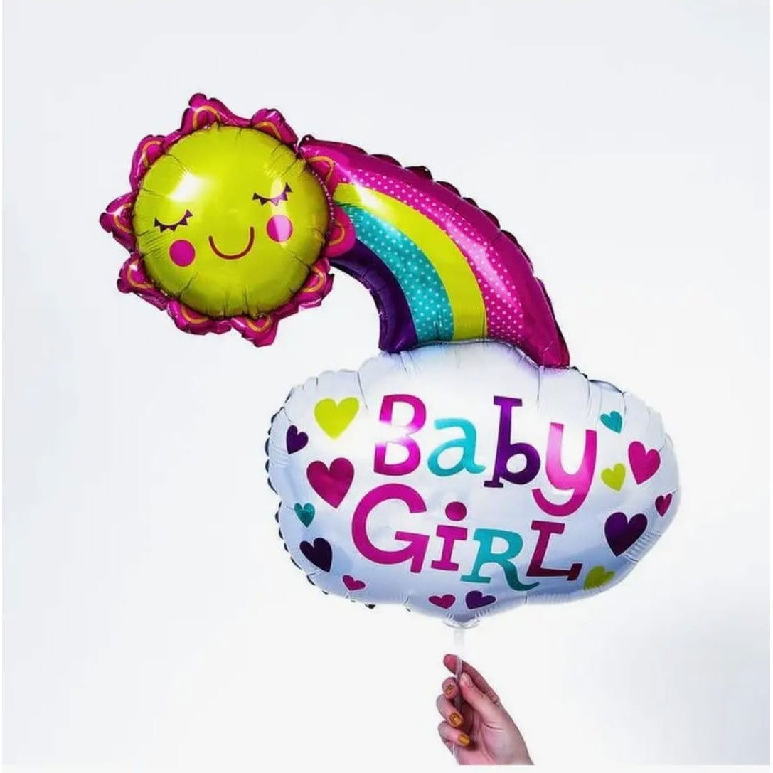 Balon din Folie Metalizata, Flippy, Figurina Soare si Nor, Tema Botez, 60x53 cm, Ambalaj Individual, Pai Inclus, Umflare cu Aer sau Heliu, Roz [4]