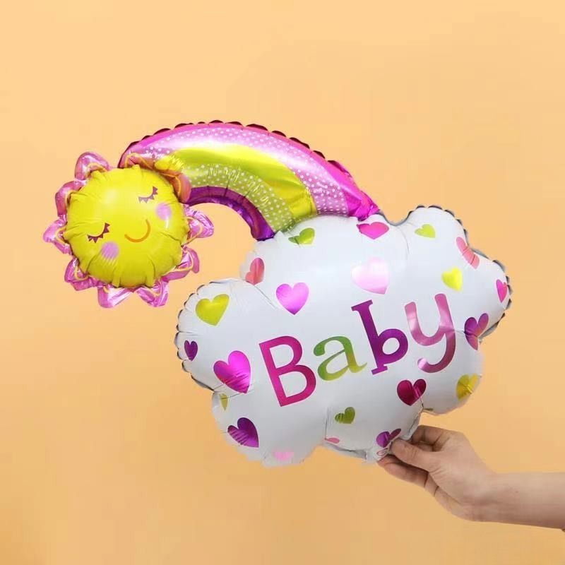 Balon din Folie Metalizata, Flippy, Figurina Soare si Nor, Tema Botez, 60x53 cm, Ambalaj Individual, Pai Inclus, Umflare cu Aer sau Heliu, Roz [6]