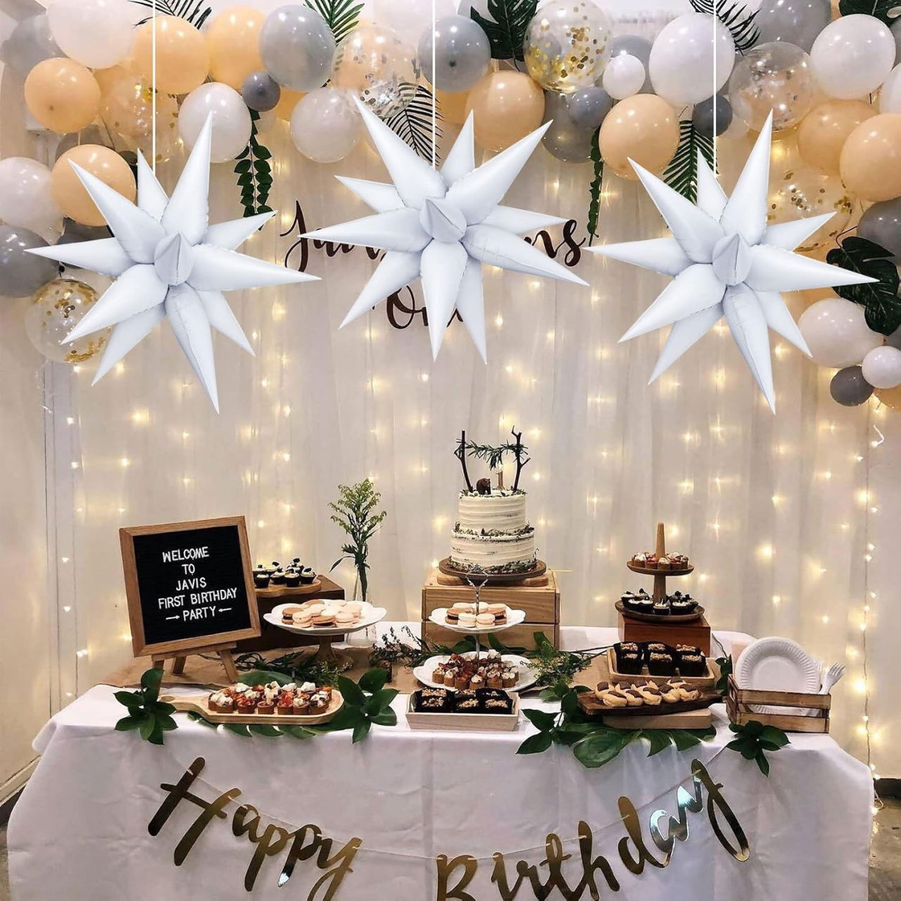 Balon din Folie Metalizata, Flippy, Figurina Stea 3D, 66 cm, Ambalaj Individual, Pai inclus, Umflare cu Aer sau Heliu, Alb [4]