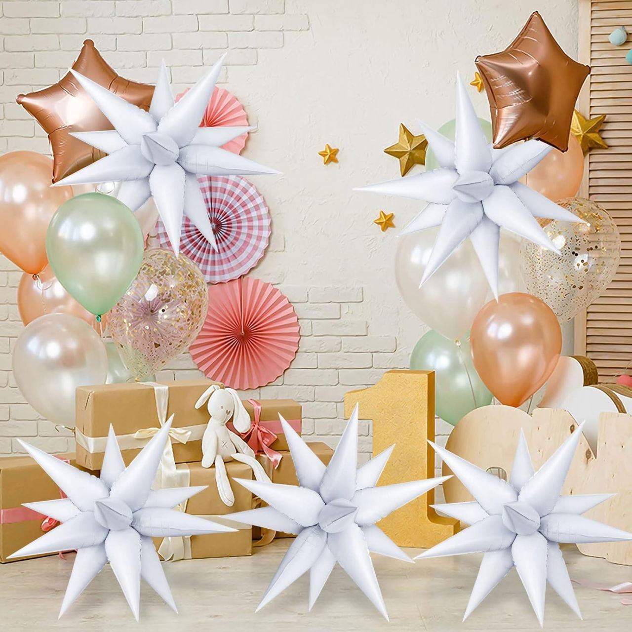 Balon din Folie Metalizata, Flippy, Figurina Stea 3D, 66 cm, Ambalaj Individual, Pai inclus, Umflare cu Aer sau Heliu, Alb [5]