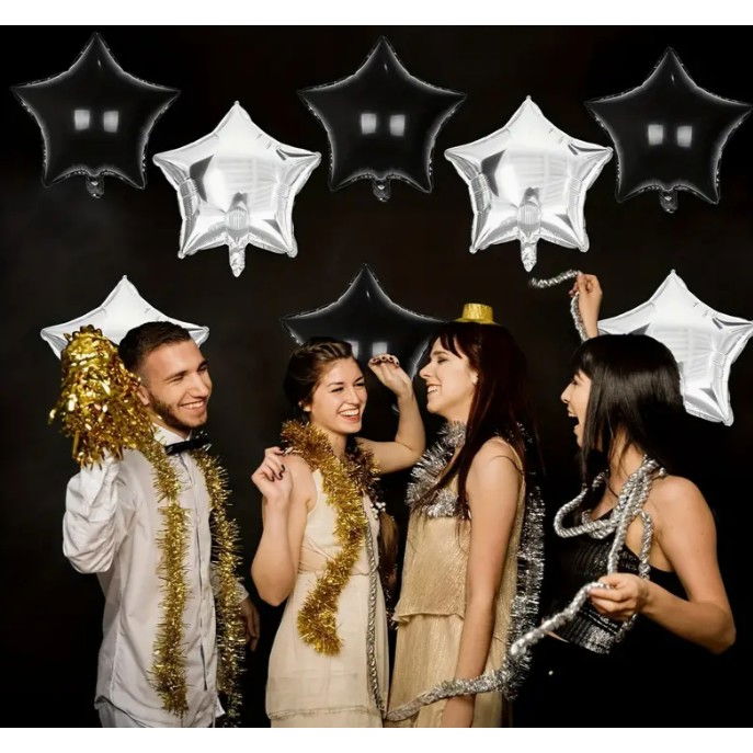 Balon din Folie Metalizata, Flippy, Figurina Stea, Model Simplu, Tematica Aniversare, 40 cm, Ambalaj Individual, Pai Inclus, Umflare cu Aer sau Heliu, Negru [5]