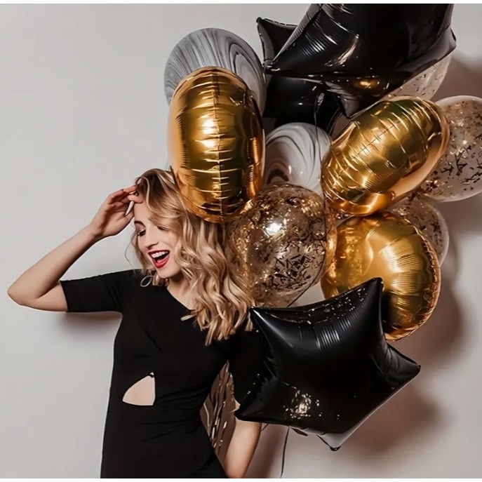 Balon din Folie Metalizata, Flippy, Figurina Stea, Model Simplu, Tematica Aniversare, 40 cm, Ambalaj Individual, Pai Inclus, Umflare cu Aer sau Heliu, Negru [8]