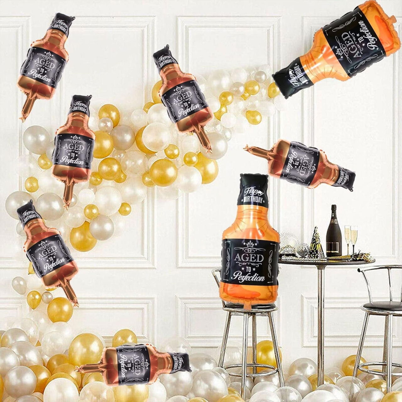 Balon din Folie Metalizata, Flippy, Figurina Sticla de Whisky, Tema Aniversare, 90x45 cm, Ambalaj Individual, Pai Inclus, Umflare cu Aer sau Heliu, Maro [4]