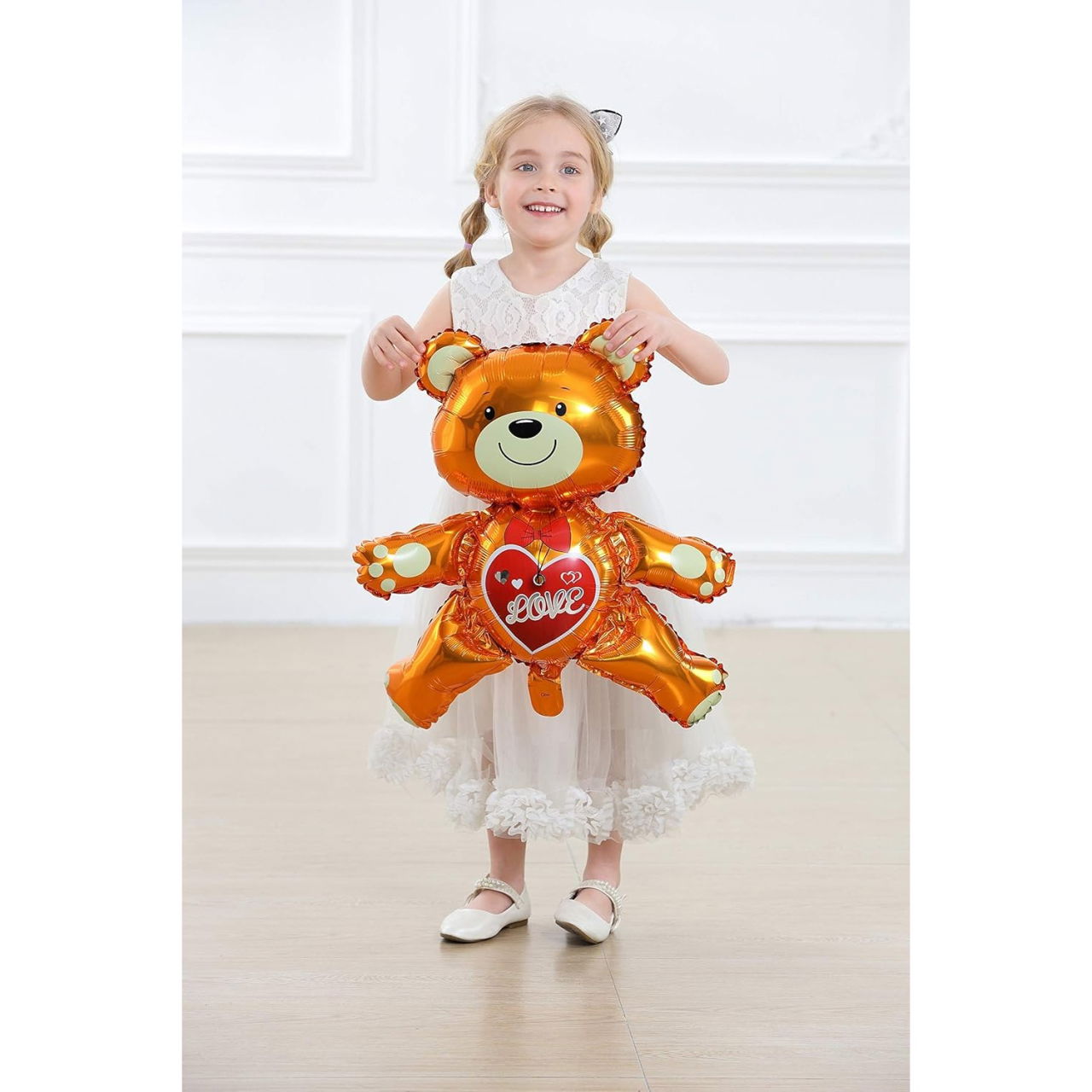 Balon din Folie Metalizata, Flippy, Figurina Urs, Model Love, Tema Ziua Indragostitilor, 60x63cm, Ambalaj Individual, Pai Inclus, Umflare cu Aer sau Heliu, Maro [6]