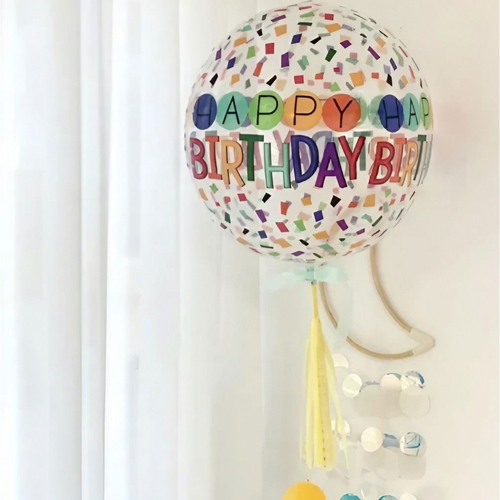 Balon din Folie Metalizata, Flippy, Figurine 4D, Model Happy Birthday, Tematica Aniversara Bombonele, 63x24 cm, Ambalaj Individual, Pai Inclus, Umflare cu Aer sau Heliu, Alb-Multicolor [9]