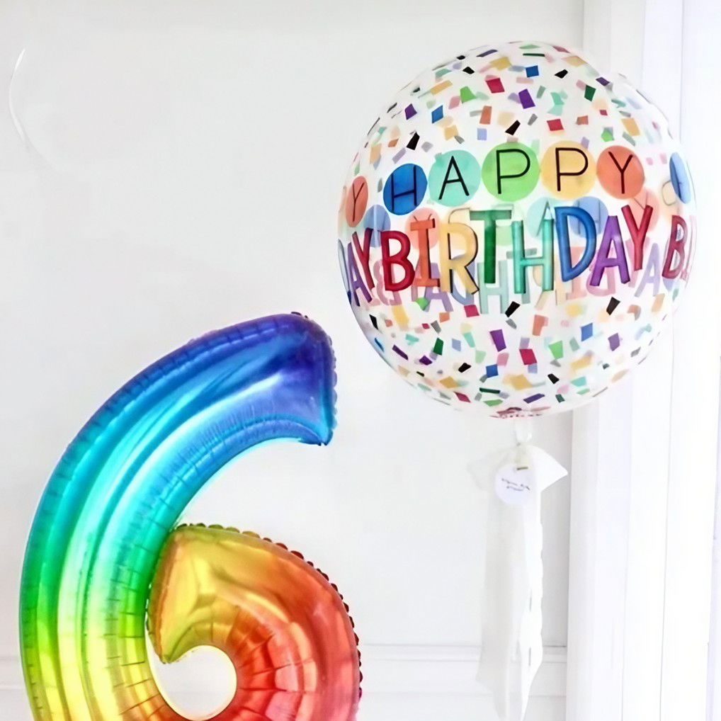 Balon din Folie Metalizata, Flippy, Figurine 4D, Model Happy Birthday, Tematica Aniversara Bombonele, 63x24 cm, Ambalaj Individual, Pai Inclus, Umflare cu Aer sau Heliu, Alb-Multicolor [8]