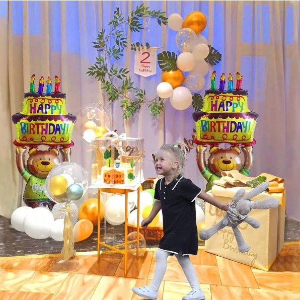 Balon din Folie Metalizata, Flippy, Figurine Animalute, Model Ursulet cu Tort Aniversar, 124x65 cm, Ambalaj Individual, Pai Inclus, Umflare cu Aer sau Heliu, Multicolor [11]