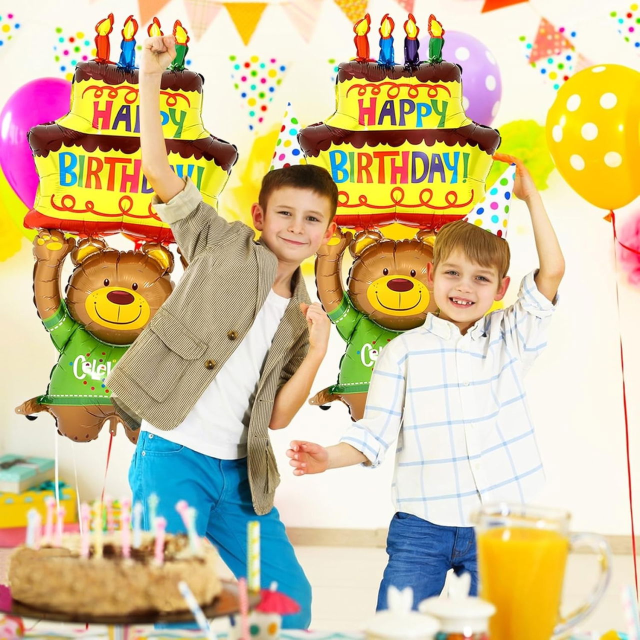 Balon din Folie Metalizata, Flippy, Figurine Animalute, Model Ursulet cu Tort Aniversar, 124x65 cm, Ambalaj Individual, Pai Inclus, Umflare cu Aer sau Heliu, Multicolor [2]