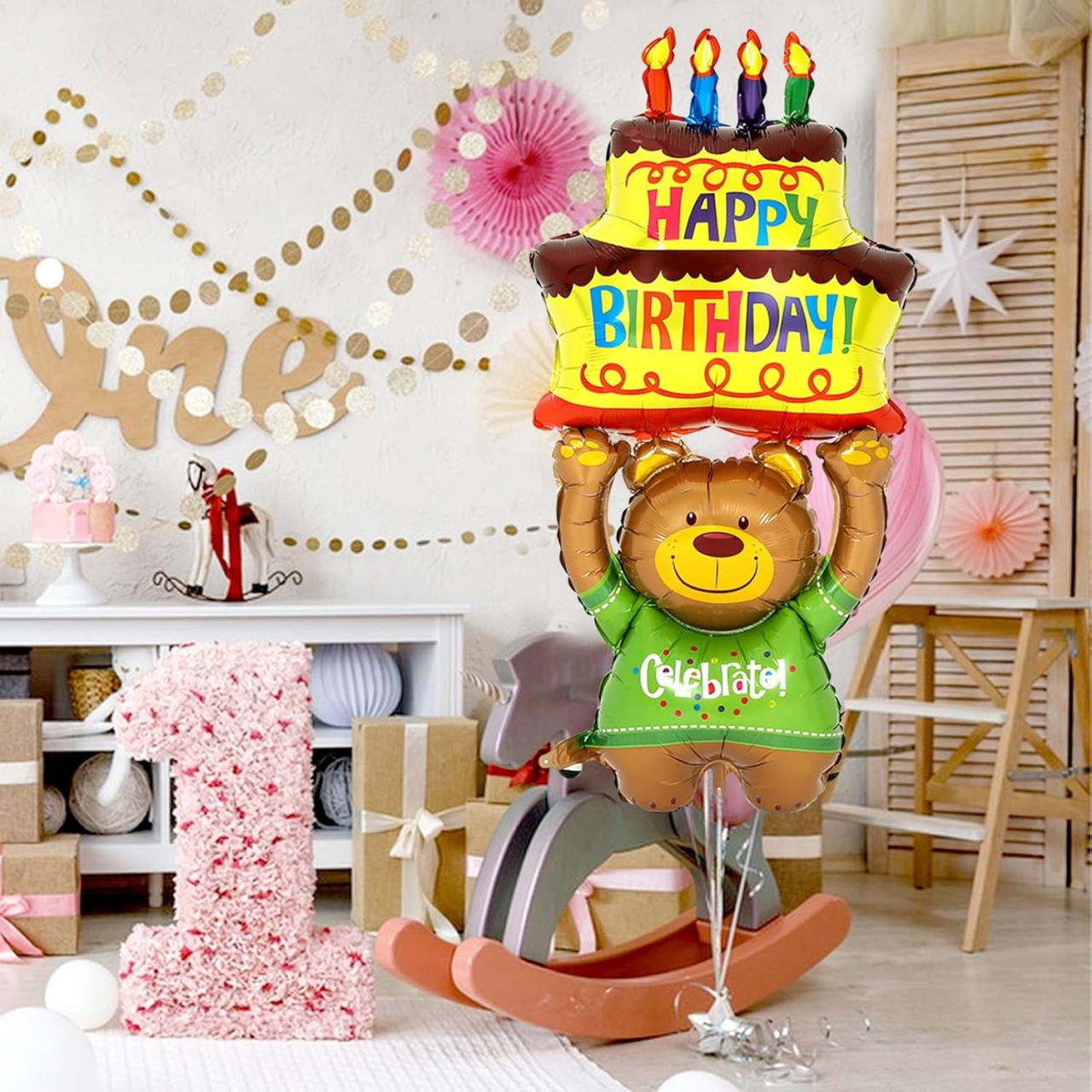 Balon din Folie Metalizata, Flippy, Figurine Animalute, Model Ursulet cu Tort Aniversar, 124x65 cm, Ambalaj Individual, Pai Inclus, Umflare cu Aer sau Heliu, Multicolor [6]