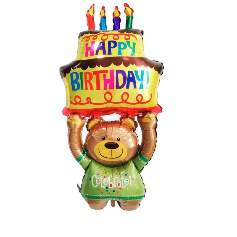 Balon din Folie Metalizata, Flippy, Figurine Animalute, Model Ursulet cu Tort Aniversar, 124x65 cm, Ambalaj Individual, Pai Inclus, Umflare cu Aer sau Heliu, Multicolor [1]