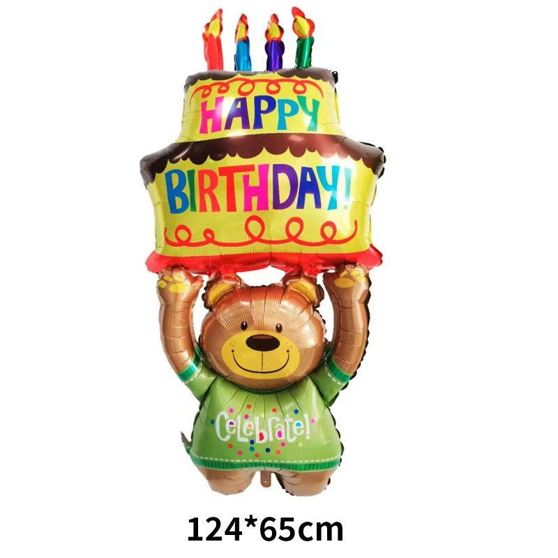 Balon din Folie Metalizata, Flippy, Figurine Animalute, Model Ursulet cu Tort Aniversar, 124x65 cm, Ambalaj Individual, Pai Inclus, Umflare cu Aer sau Heliu, Multicolor [12]