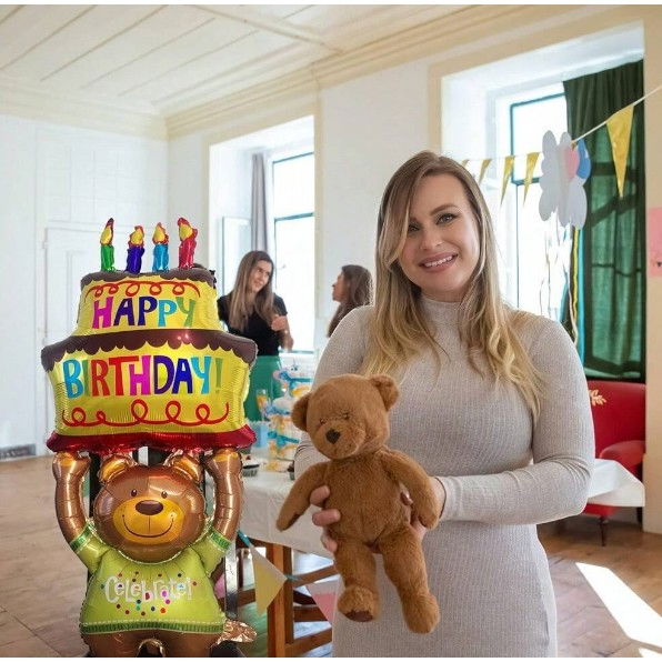 Balon din Folie Metalizata, Flippy, Figurine Animalute, Model Ursulet cu Tort Aniversar, 124x65 cm, Ambalaj Individual, Pai Inclus, Umflare cu Aer sau Heliu, Multicolor [8]