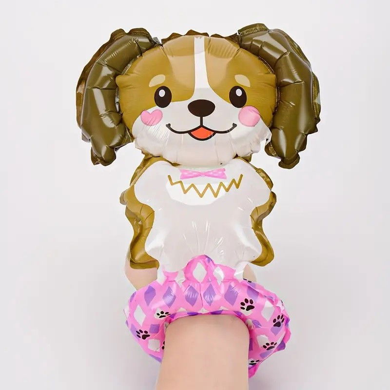 Balon din Folie Metalizata, Flippy, Figurine Animalute, Tip Bratara, Model Catel, 13 x 35 cm, Ambalaj Individual, Pai Inclus, Umflare cu Aer sau Heliu, Maro [3]