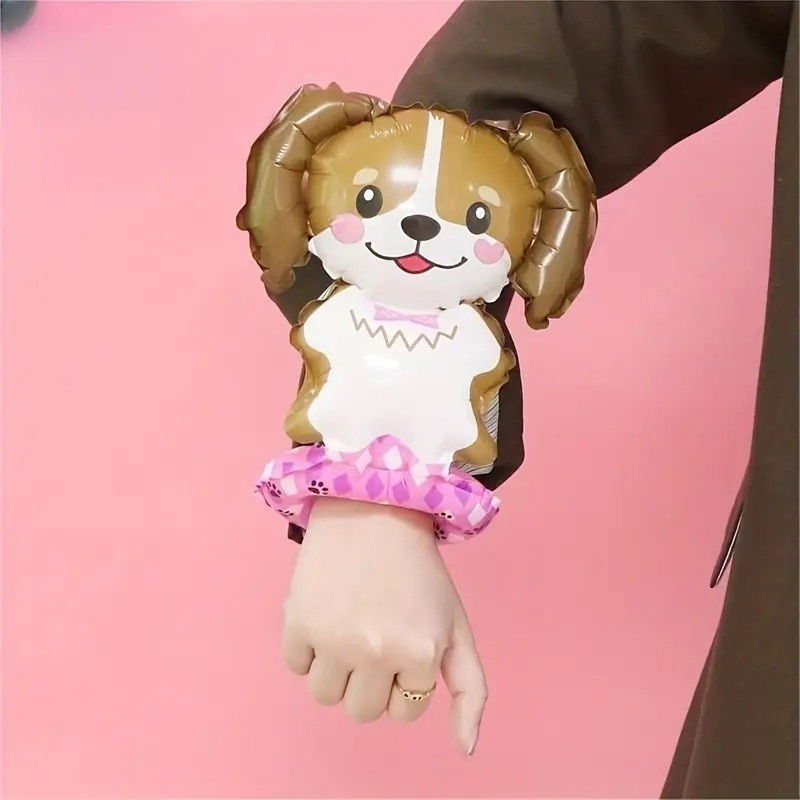 Balon din Folie Metalizata, Flippy, Figurine Animalute, Tip Bratara, Model Catel, 13 x 35 cm, Ambalaj Individual, Pai Inclus, Umflare cu Aer sau Heliu, Maro [2]