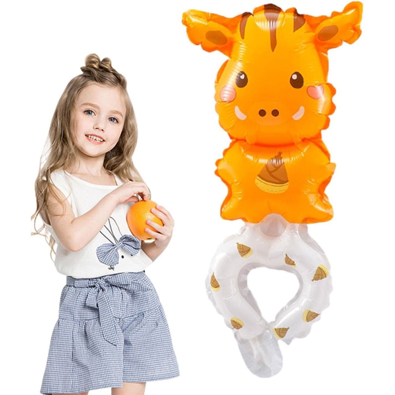 Balon din Folie Metalizata, Flippy, Figurine Animalute, Tip Bratara, Model Girafa, 13 x 35 cm, Ambalaj Individual, Pai Inclus, Umflare cu Aer sau Heliu, Maro [4]