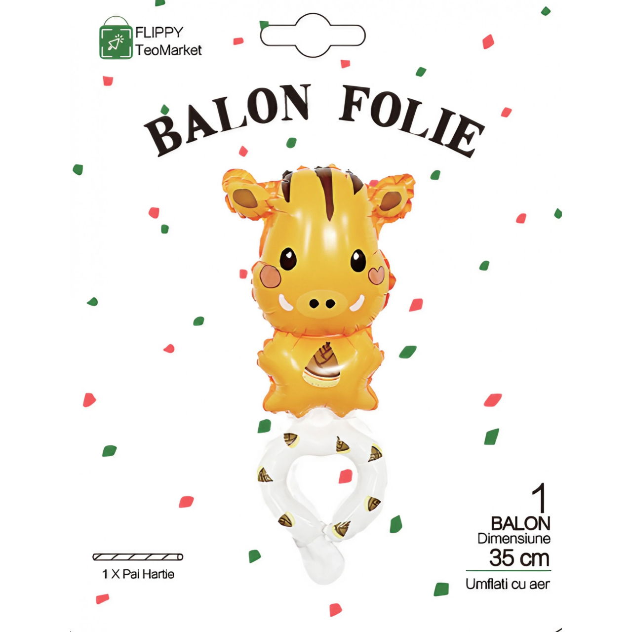 Balon din Folie Metalizata, Flippy, Figurine Animalute, Tip Bratara, Model Girafa, 13 x 35 cm, Ambalaj Individual, Pai Inclus, Umflare cu Aer sau Heliu, Maro [6]