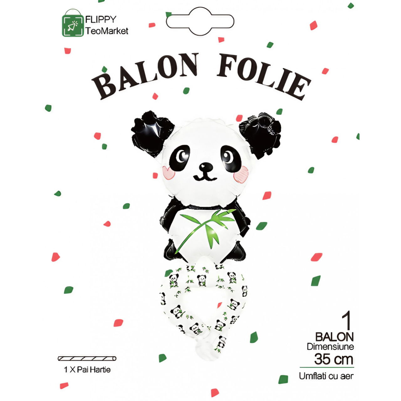 Balon din Folie Metalizata, Flippy, Figurine Animalute, Tip Bratara, Model Panda, 13 x 35 cm, Ambalaj Individual, Pai Inclus, Umflare cu Aer sau Heliu, Alb/Negru [6]