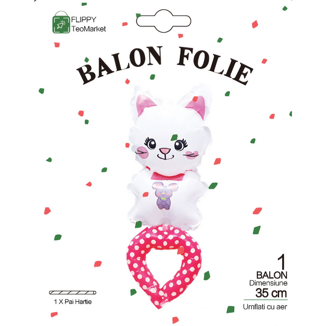 Balon din Folie Metalizata, Flippy, Figurine Animalute, Tip Bratara, Model Pisica, 13 x 35 cm, Ambalaj Individual, Pai Inclus, Umflare cu Aer sau Heliu, Alb [6]