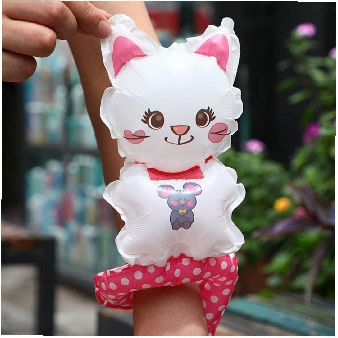 Balon din Folie Metalizata, Flippy, Figurine Animalute, Tip Bratara, Model Pisica, 13 x 35 cm, Ambalaj Individual, Pai Inclus, Umflare cu Aer sau Heliu, Alb [4]