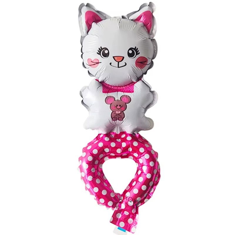 Balon din Folie Metalizata, Flippy, Figurine Animalute, Tip Bratara, Model Pisica, Ambalaj Individual, Pai Inclus, Umflare cu Aer sau Heliu, Alb [1]