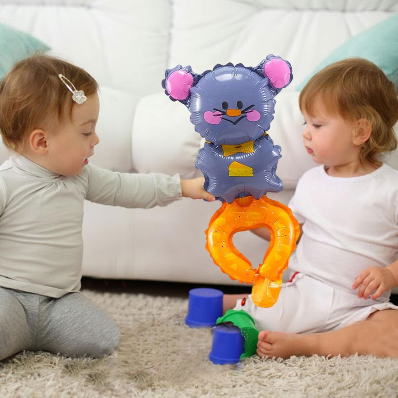 Balon din Folie Metalizata, Flippy, Figurine Animalute, Tip Bratara, Model Soricel, Ambalaj Individual, Pai Inclus, Umflare cu Aer sau Heliu, Gri [4]