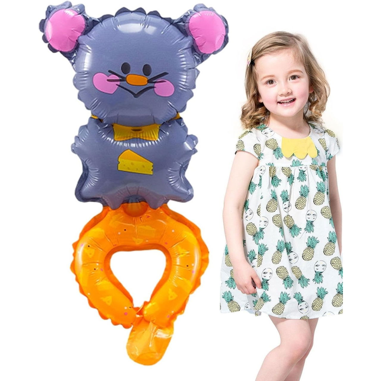 Balon din Folie Metalizata, Flippy, Figurine Animalute, Tip Bratara, Model Soricel, Ambalaj Individual, Pai Inclus, Umflare cu Aer sau Heliu, Gri [5]