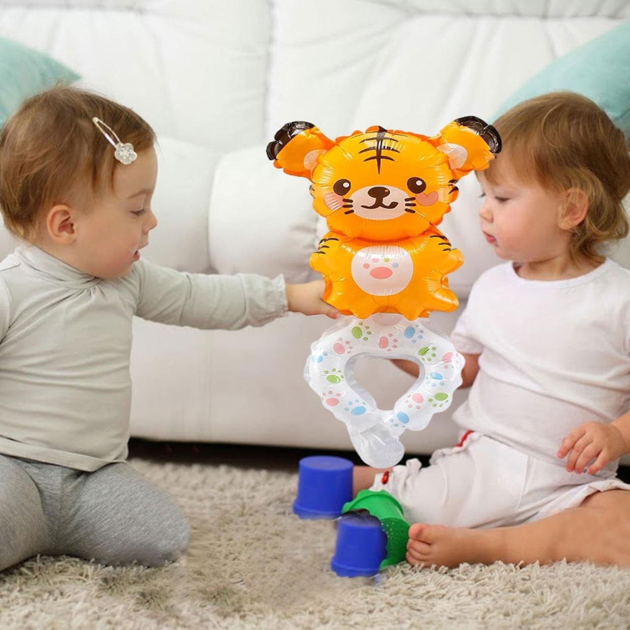 Balon din Folie Metalizata, Flippy, Figurine Animalute, Tip Bratara, Model Tigru, 17x34 cm, Ambalaj Individual, Pai Inclus, Umflare cu Aer sau Heliu, Maro [5]