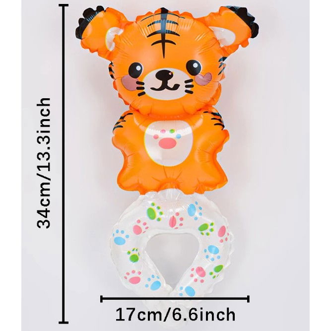 Balon din Folie Metalizata, Flippy, Figurine Animalute, Tip Bratara, Model Tigru, 17x34 cm, Ambalaj Individual, Pai Inclus, Umflare cu Aer sau Heliu, Maro [6]