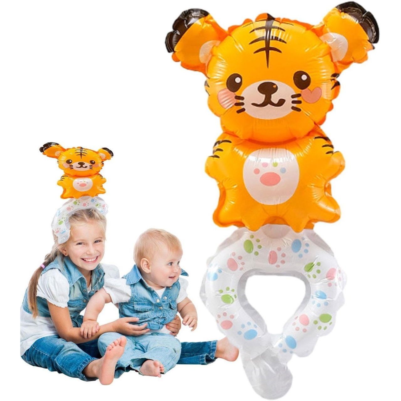 Balon din Folie Metalizata, Flippy, Figurine Animalute, Tip Bratara, Model Tigru, 17x34 cm, Ambalaj Individual, Pai Inclus, Umflare cu Aer sau Heliu, Maro [3]