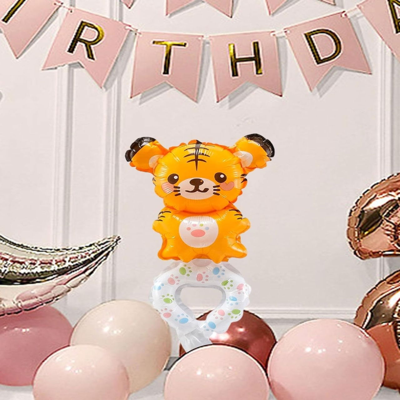 Balon din Folie Metalizata, Flippy, Figurine Animalute, Tip Bratara, Model Tigru, 17x34 cm, Ambalaj Individual, Pai Inclus, Umflare cu Aer sau Heliu, Maro [4]