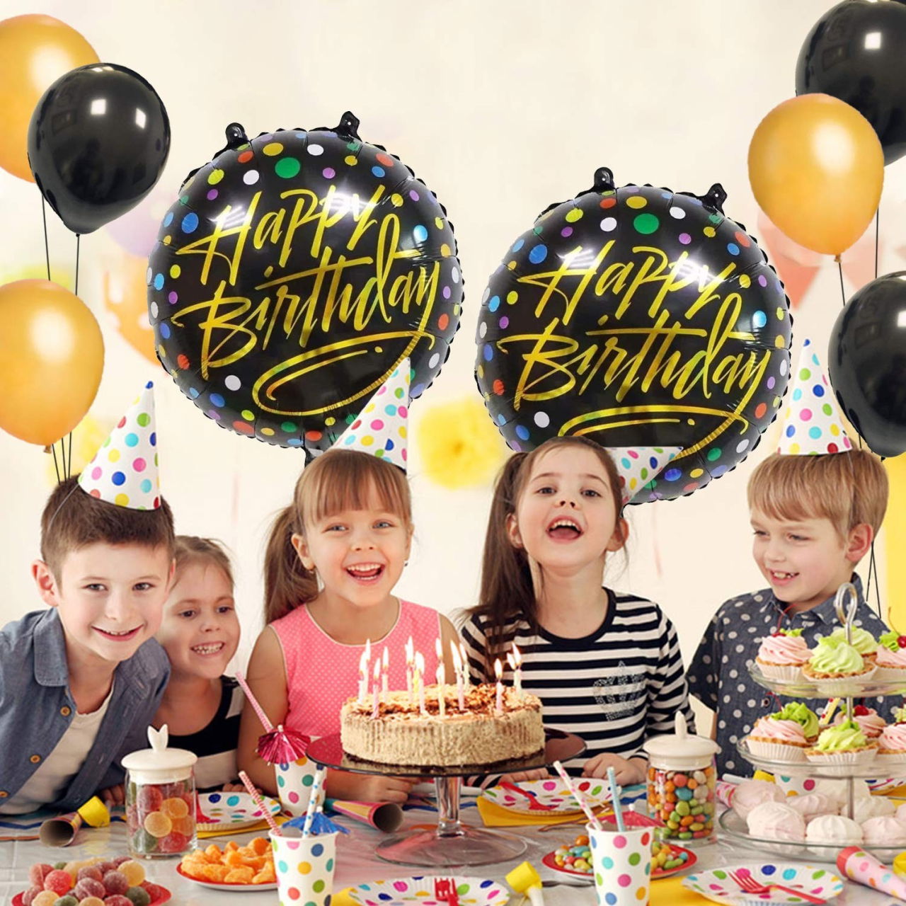 Balon din Folie Metalizata, Flippy, Figurine, Model 3, Happy Birthday, Tematica Aniversare, 45 cm, Ambalaj Individual, Pai Inclus, Umflare cu Aer sau Heliu, Multicolor [5]