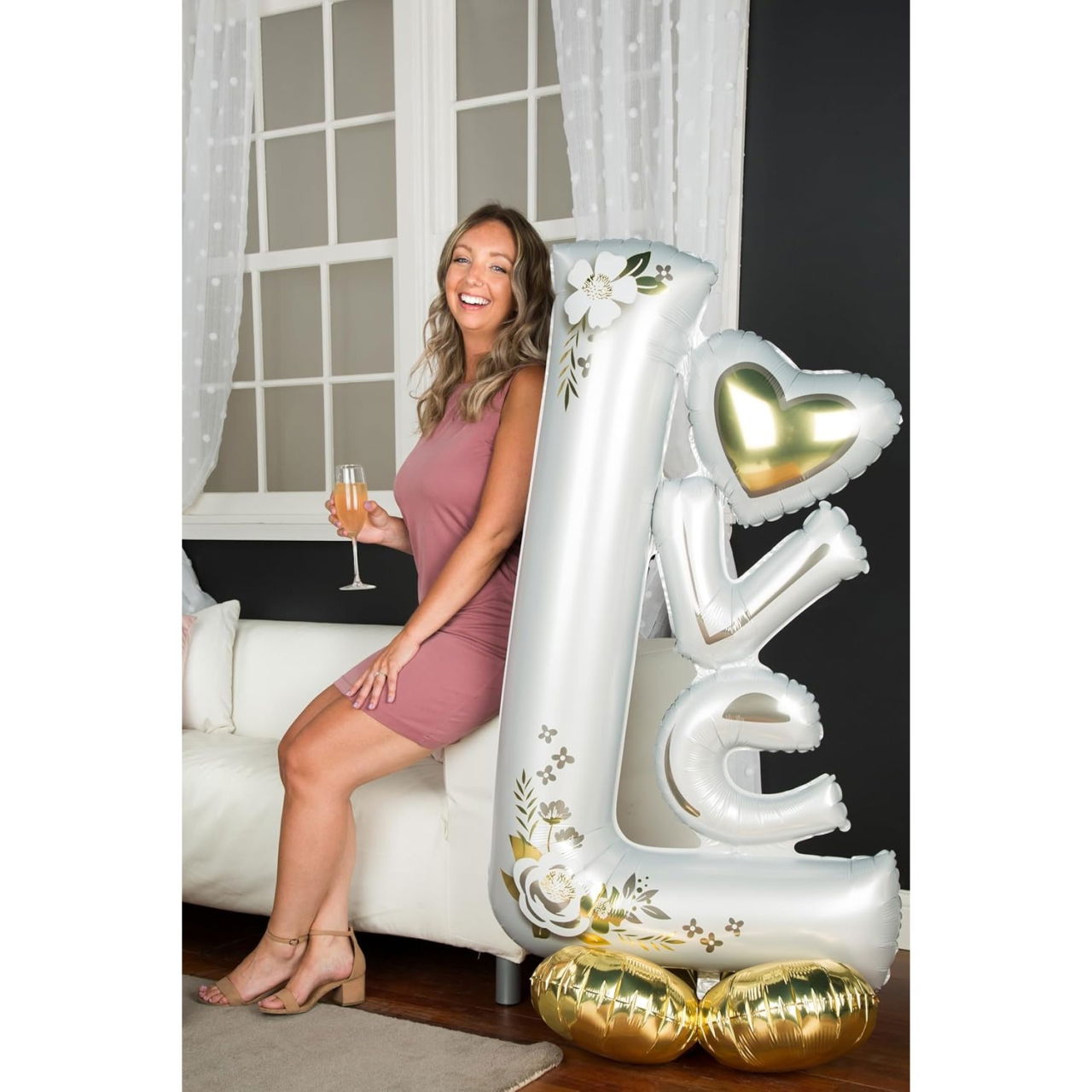 Balon din Folie Metalizata, Flippy, Figurine, Model LOVE, Tematica Iubire, 110x64 cm, Ambalaj Individual, Pai Inclus, Umflare cu Aer sau Heliu, Alb [2]