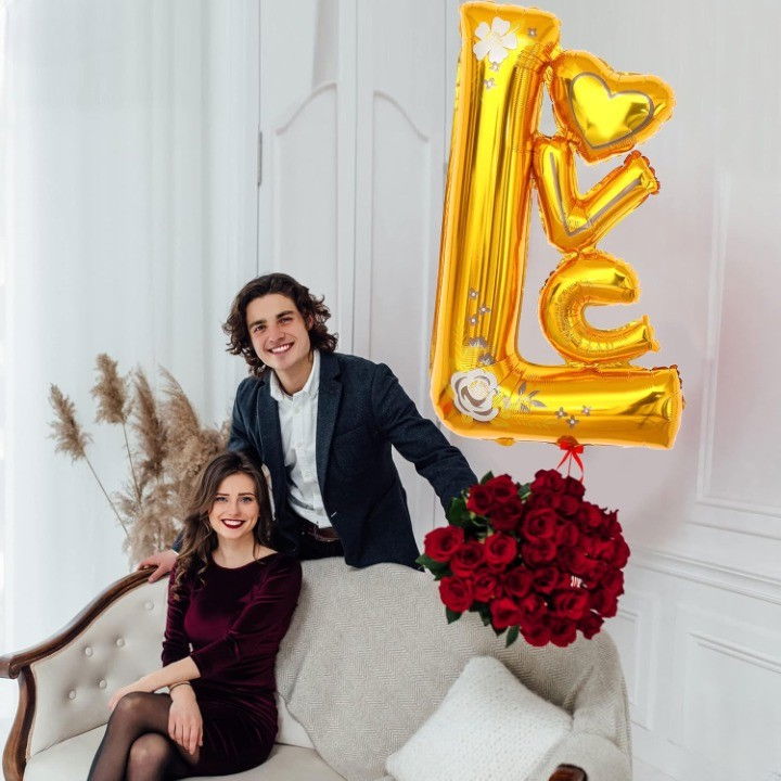 Balon din Folie Metalizata, Flippy, Figurine, Model LOVE, Tematica Iubire, 110x64 cm, Ambalaj Individual, Pai Inclus, Umflare cu Aer sau Heliu, Galben [6]