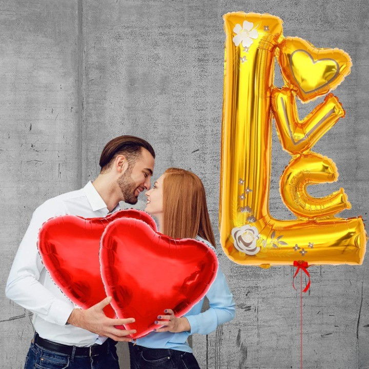 Balon din Folie Metalizata, Flippy, Figurine, Model LOVE, Tematica Iubire, 110x64 cm, Ambalaj Individual, Pai Inclus, Umflare cu Aer sau Heliu, Galben [8]