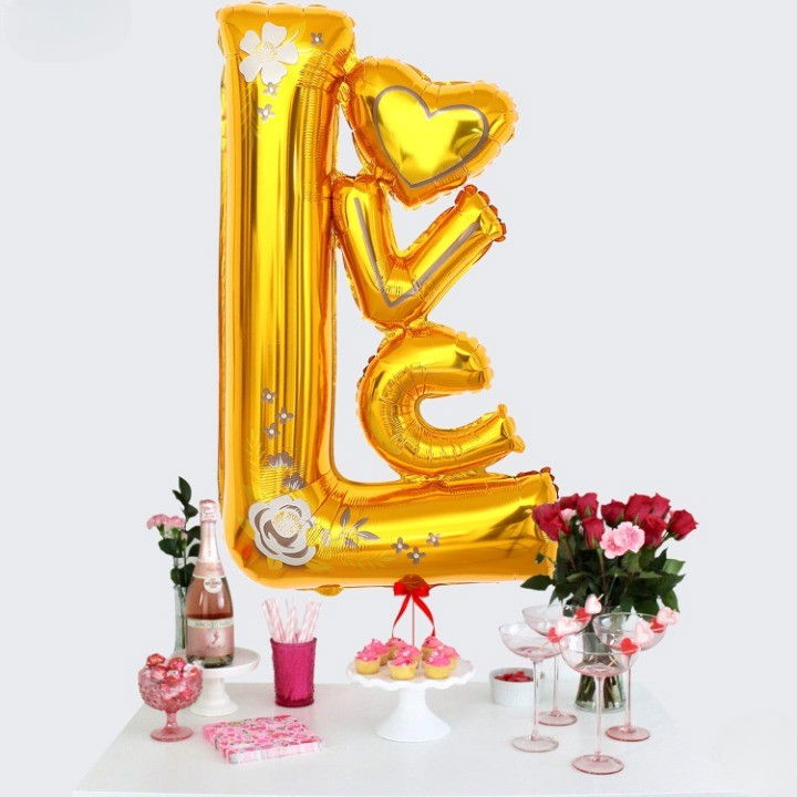 Balon din Folie Metalizata, Flippy, Figurine, Model LOVE, Tematica Iubire, 110x64 cm, Ambalaj Individual, Pai Inclus, Umflare cu Aer sau Heliu, Galben [7]